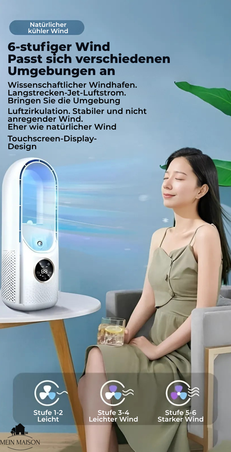Airevo Luftkühler | Bladeless USB Ventilator | 6 Geschwindigkeiten | Leise & Mit Timer | Luftbefeuchtung