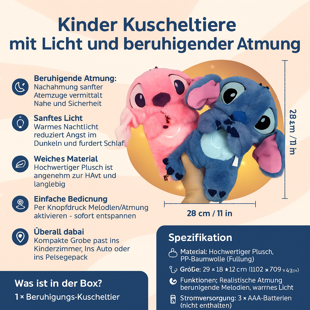 Kinder Kuscheltiere mit Licht und beruhigender Atmung