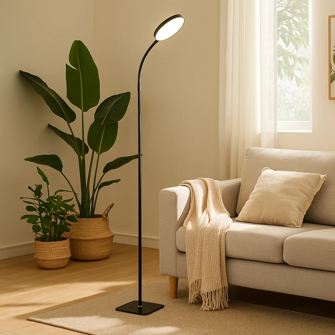 LED-Stehlampe im minimalistischen Design mit warmem Licht