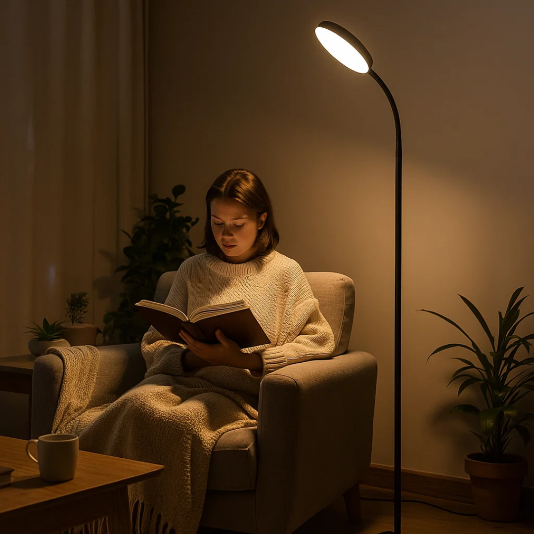 LED-Stehlampe im minimalistischen Design mit warmem Licht